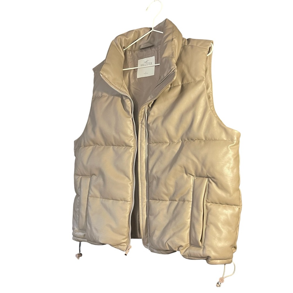 Hollister Faux Leather Puffer Vest Taupe Beige Women’s Size L Warm Zip Style